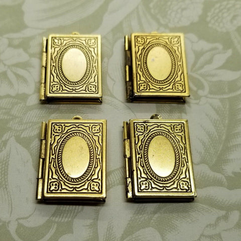 Brass Ornate Etched Book Lockets x 4 - 081G.