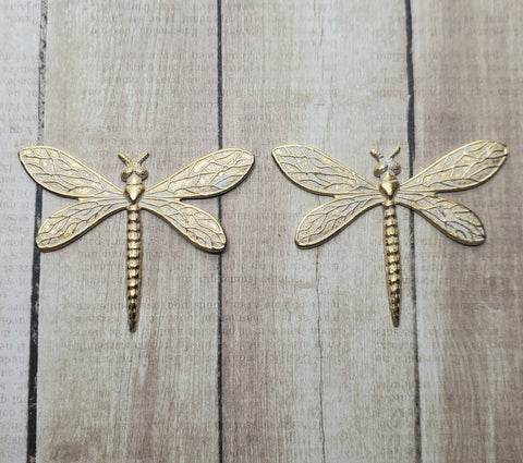 Matte Gold With White Patina Dragonfly Stampings - No Ring (2) - GWRAT6802