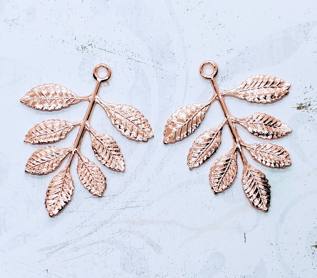 Large Shiny Rose Gold Leaf Branch Charms (2) - PRGSG1549R