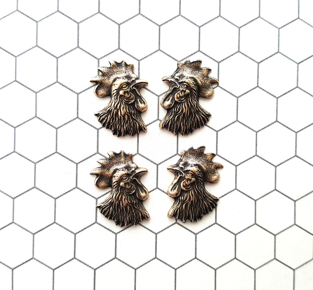 Small Oxidized Brass Rooster Head Stampings (4) - BOFFA9550-BOFFA9551