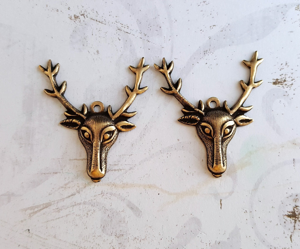 Oxidized Brass Reindeer Head Charms Stampings (2) - BORAT5631R Jewelry Finding
