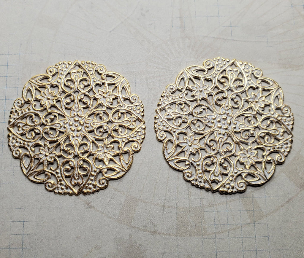 XLarge Matte Gold With White Patina Pierced Filigree Stampings (2) - GWRAT6949