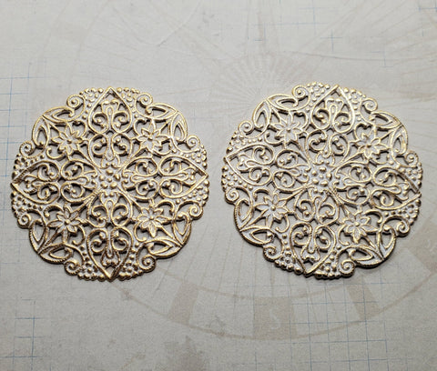 XLarge Matte Gold With White Patina Pierced Filigree Stampings (2) - GWRAT6949