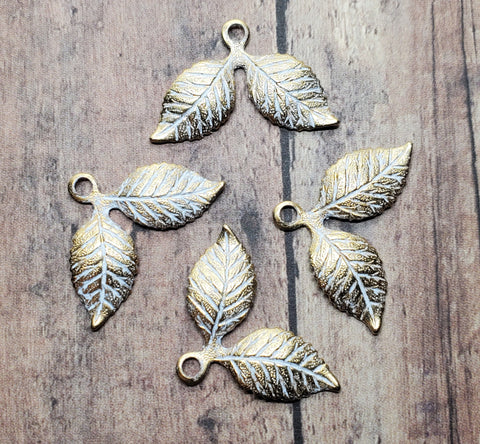 Small Matte Gold With White Patina Double Leaf Charms (4) - GWS3739