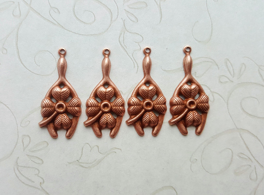 Rose Gold Ox Four Leaf Clover Wishbone Charms Stampings (4) - RGS1557
