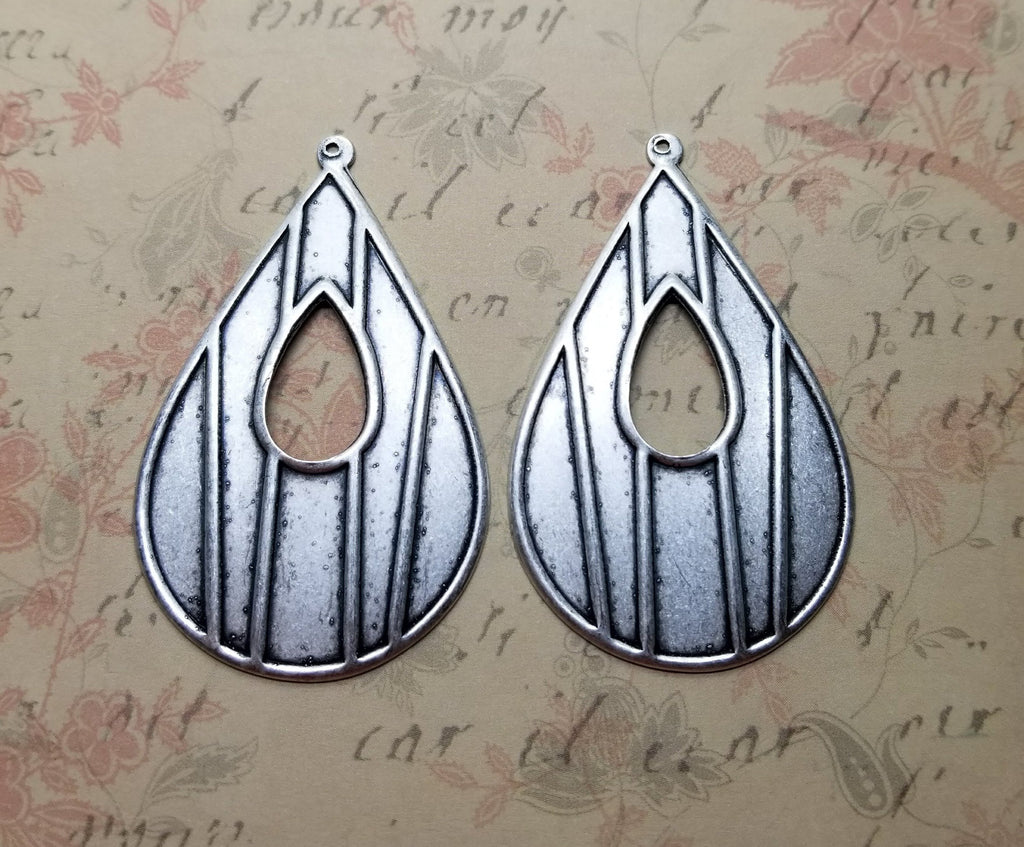 Large Oxidized Silver Modern Art Deco Teardrop Cut-Out Charms (2) - SOL974