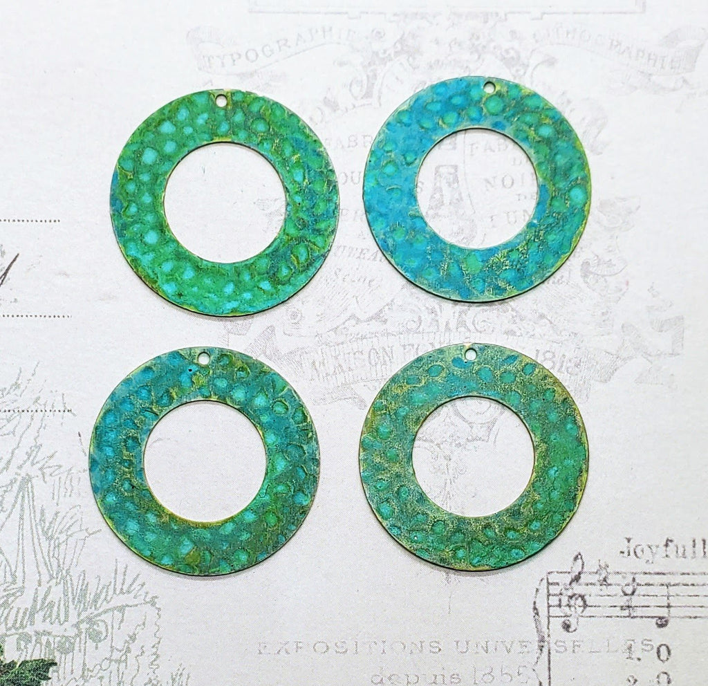 Verdigris Patina Hammered Brass Circle Charm Stampings (4) - VPBF4