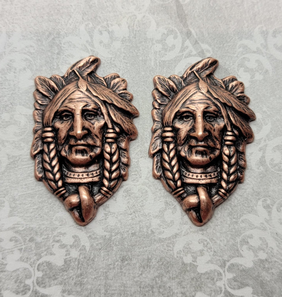 Oxidized Copper Native American Indian Chief Stampings x 2 - COFFA1974