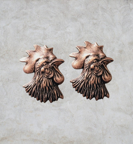 Oxidized Copper Rooster Head Stampings x 2 - 9549COFFA
