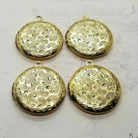 Brass Ornate Floral Etched Lockets x 4 - 080G.