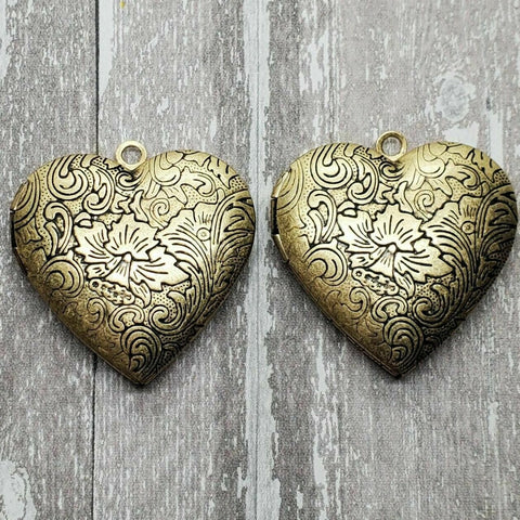 Brass Ornate Etched Heart Lockets x 2 - 086G.