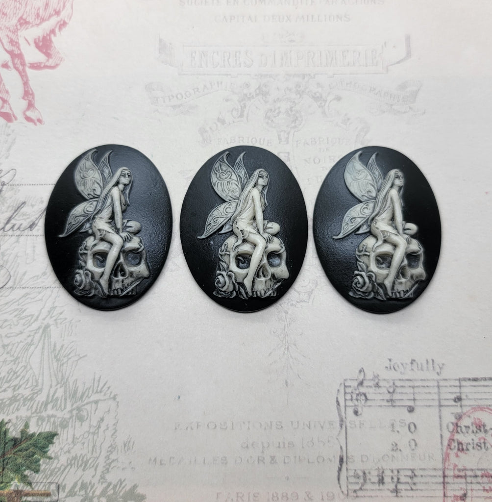 Antiqued 40x30mm Skull Zombie Fairy Cameos (3) - ANTBLKL911 Jewelry Finding