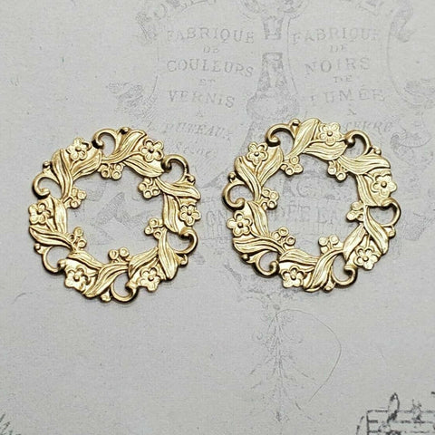 Brass Ornate Floral Wreath Stampings x 2 - 93CORAT.