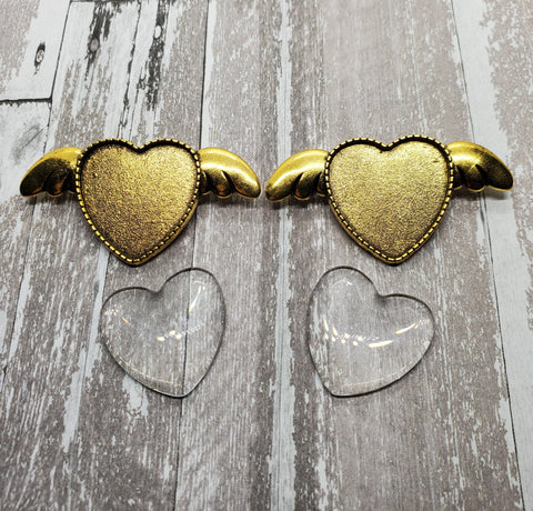 25mm Antique Gold Winged Heart Brooch Pin Settings (2) - L1088