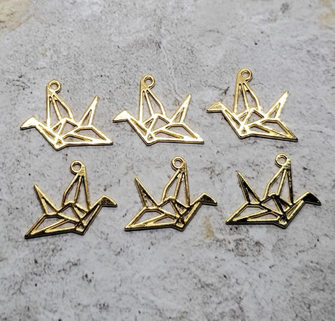 Double Sided Gold Origami Crane Bird Charms (6) - L1135