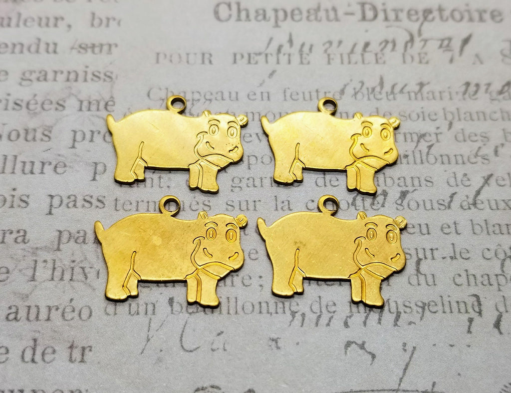 Raw Brass Hippo Hippopotamus Charms (4) - A52652