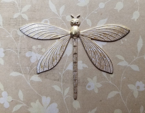 Large Matte Gold With White Patina Dragonfly Stamping (1) - GWRAT6907