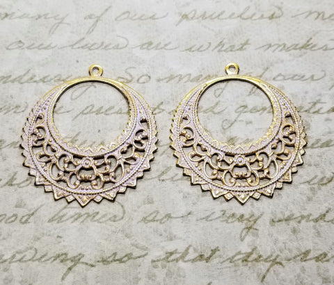 Large Matte Gold With White Patina Round Filigree Charms (2) - GWS5233