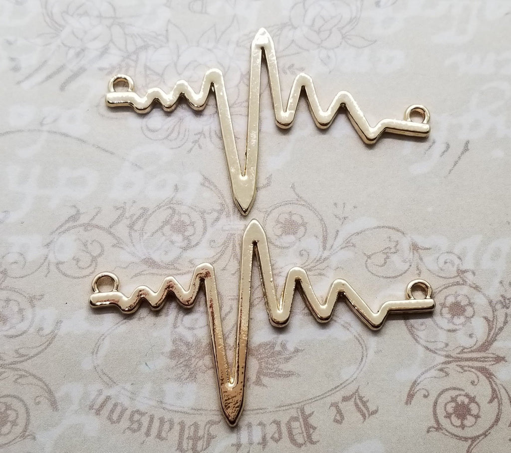 Large Gold Plated Zinc Alloy Heartbeat Electrocardiogram Connectors (2) - L1006