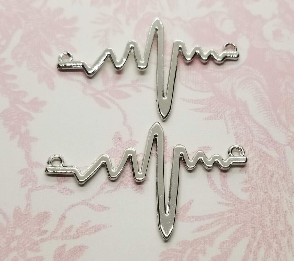 Large Silver Plated Zinc Alloy Heartbeat Electrocardiogram Connectors (2) - L1007