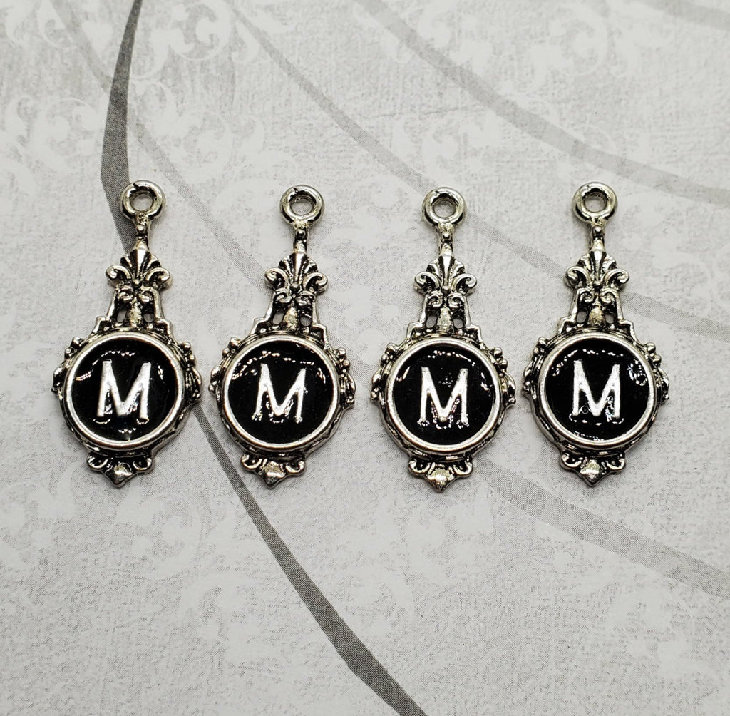 Antique Silver Initial M Faux Typewriter key Charms (4) - L1094
