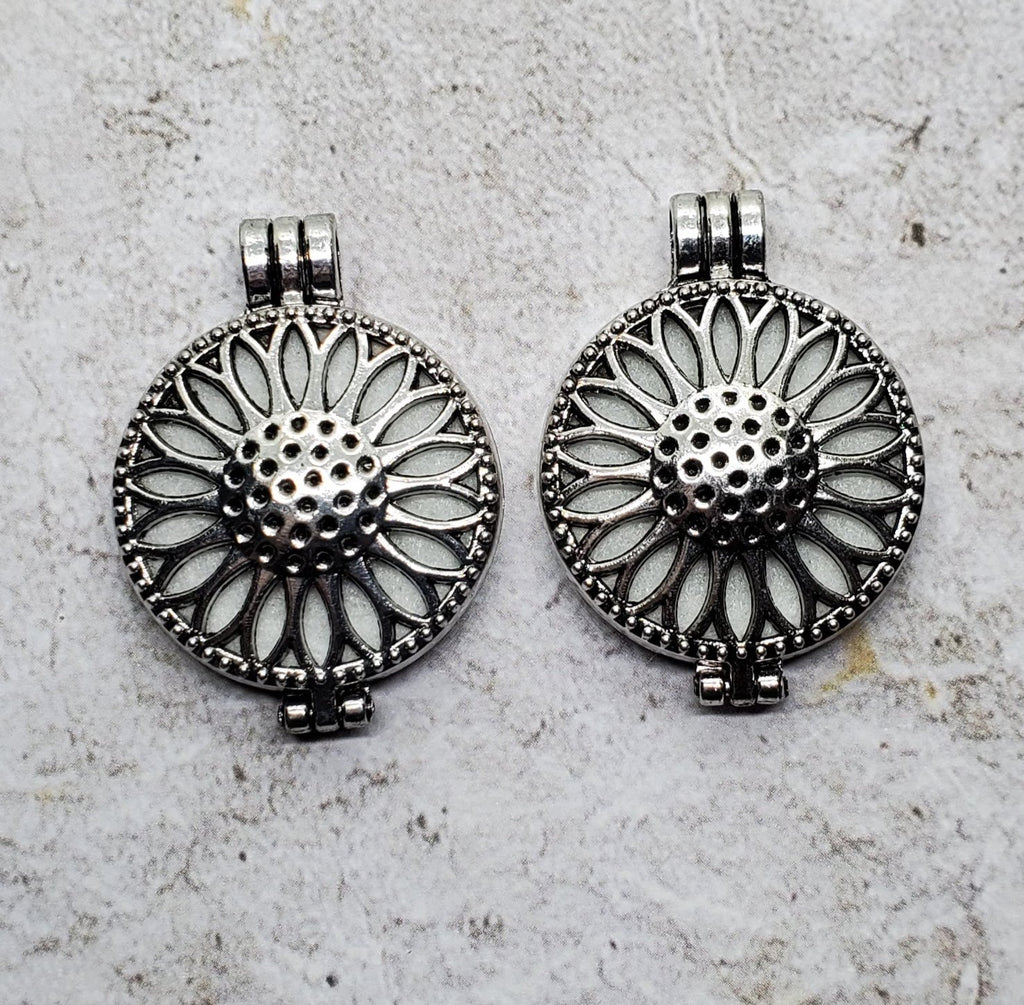 Large Silver Sunflower Essential Oil Diffuser Locket Charms (2) - L1136