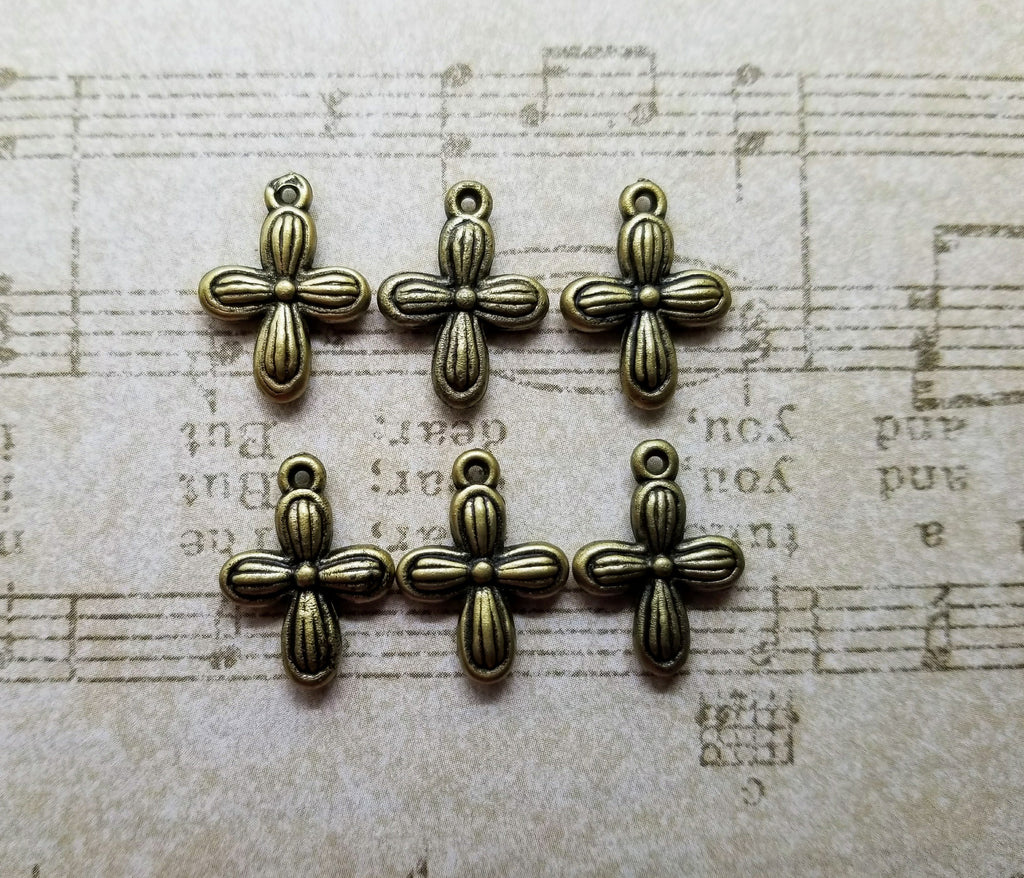 Small Double Sided Bronze Plated Cross Charms (6) - L956