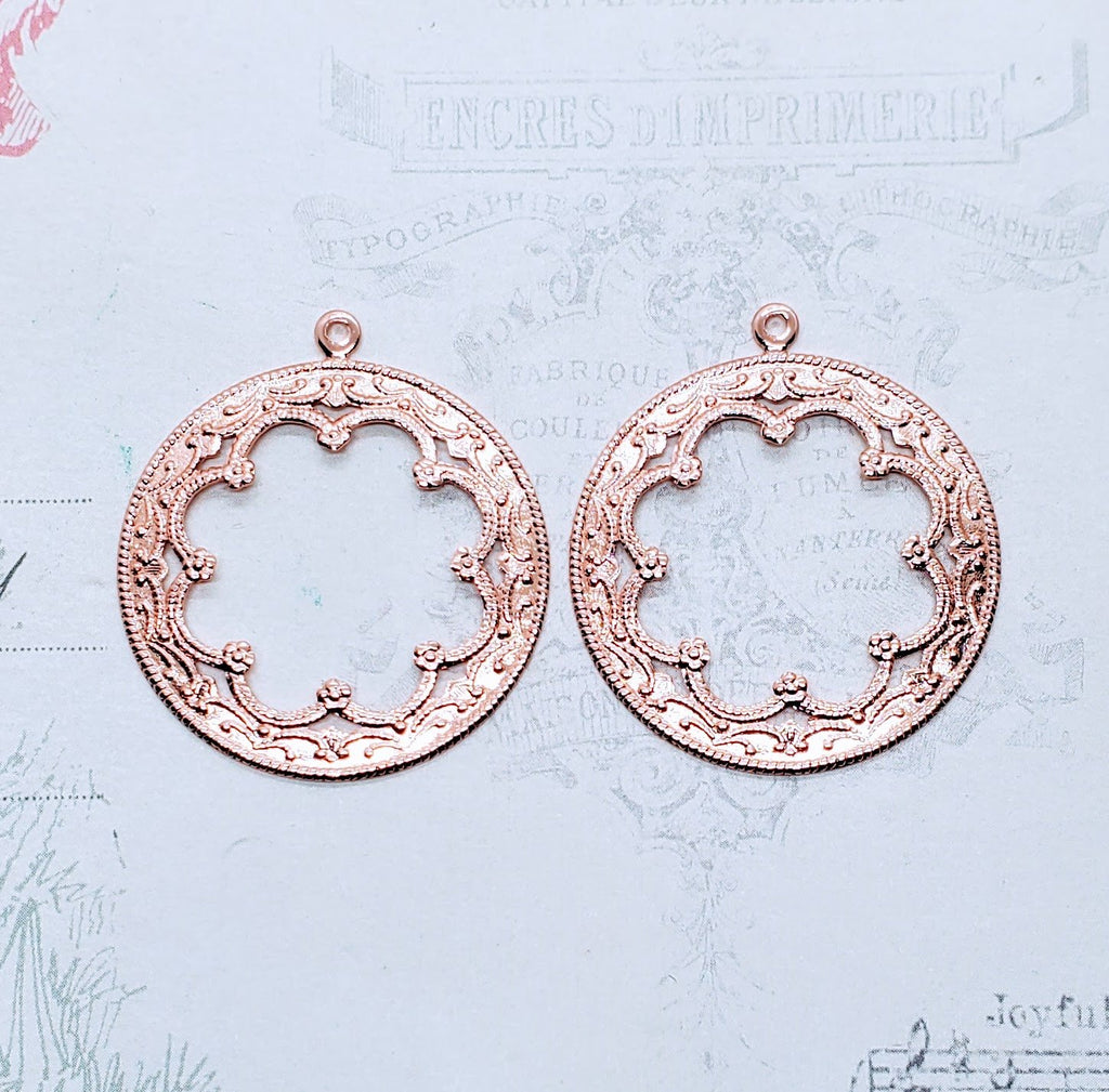 Shiny Rose Gold Ornate Round Charms (2) - PRGFF0387-2