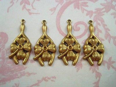 Raw Brass Four Leaf Clover Wishbone Charms Stampings (4) - S1557