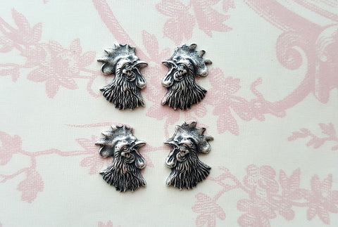 Oxidized Silver Plated Brass Rooster Head Stampings (4) - SOFFA9550-SOFFA9551