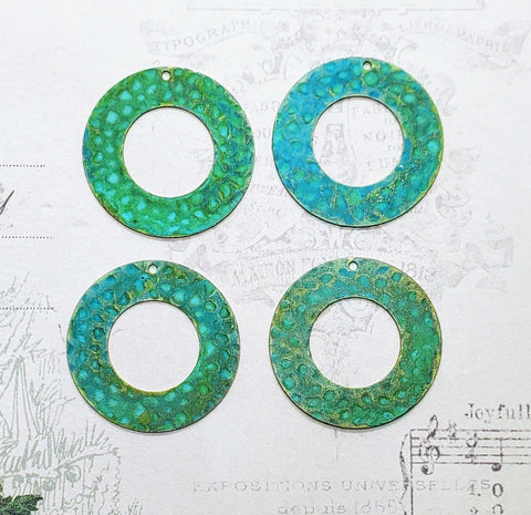 Verdigris Patina Hammered Brass Circle Charm Stampings (4) - VPBF4